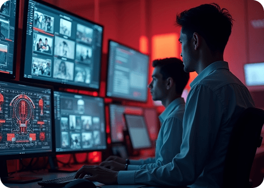 Audit Engine: Security operators reviewing multiple screens in a control room