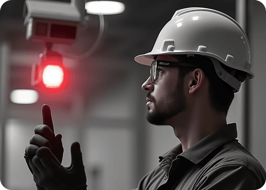 Video Analytics: Engineer monitoring video analytics sensors under red alert lighting