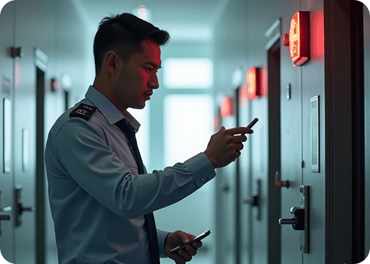 Access Control: Security officer using access control panel at a restricted entry door