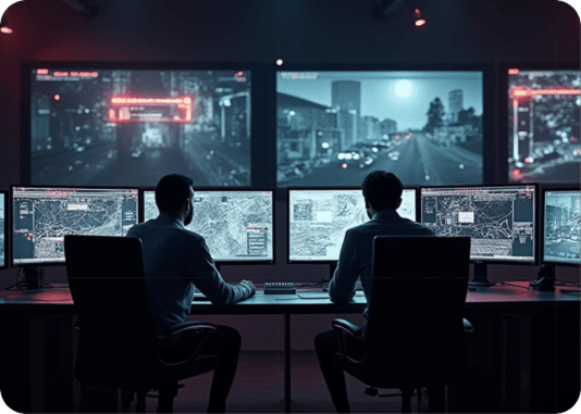 Live Monitoring: Control room operators monitoring real-time surveillance dashboards