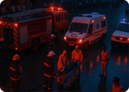 Civic Response: Emergency responders and vehicles at a night-time incident scene