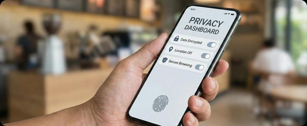 Privacy-First Protection: Hand holding a smartphone showing a privacy notification on a dark background
