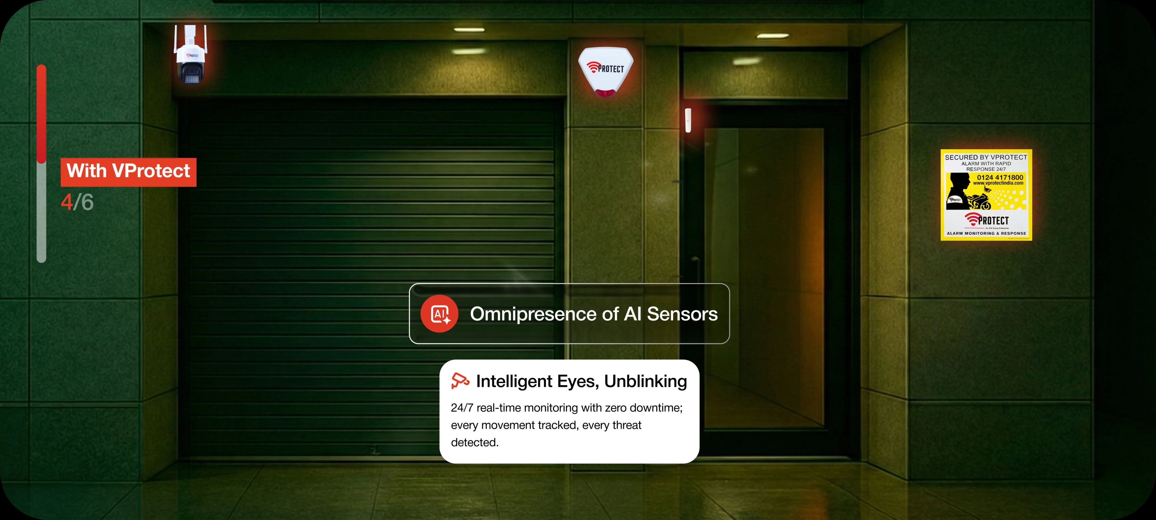 Rapid response officer on motorcycle near a building entrance illuminated by AI sensor alert lighting.