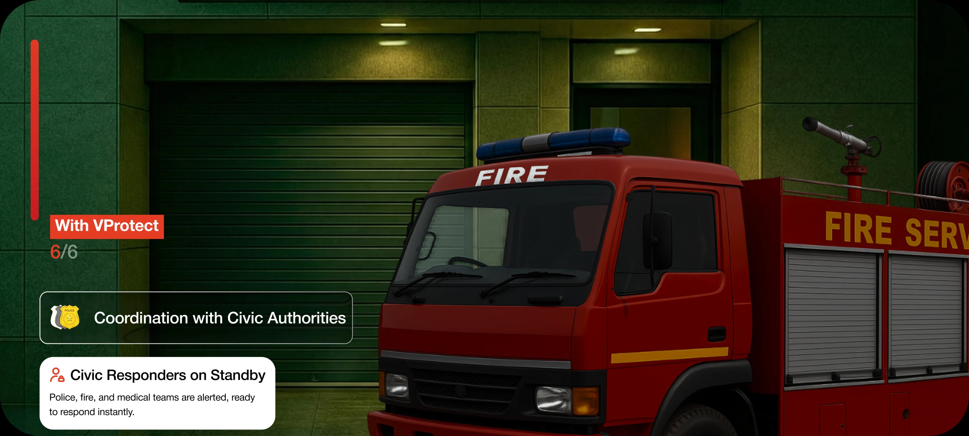 Fire service truck positioned outside a commercial building, representing civic authority coordination