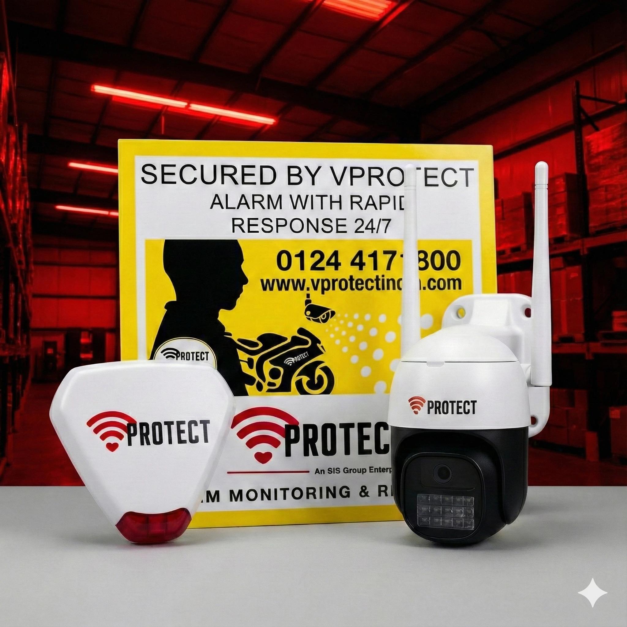VProtect deterrence kit including visible security signage, external siren unit, and AI camera displayed together