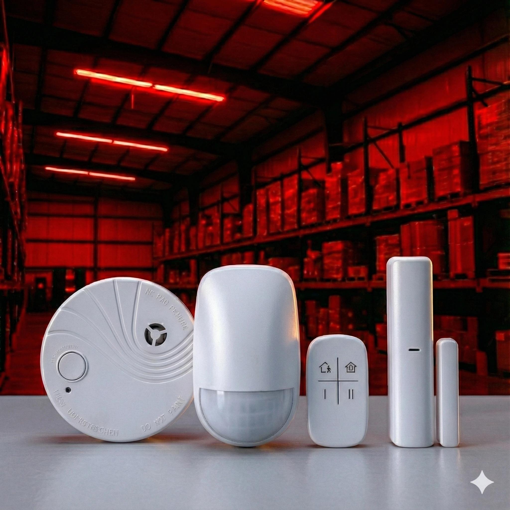 VProtect wireless smart sensors shown together, designed to detect motion, entry, and environmental risks