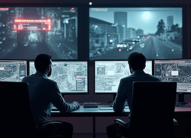 Operators inside a monitoring centre reviewing multiple alert and event screens