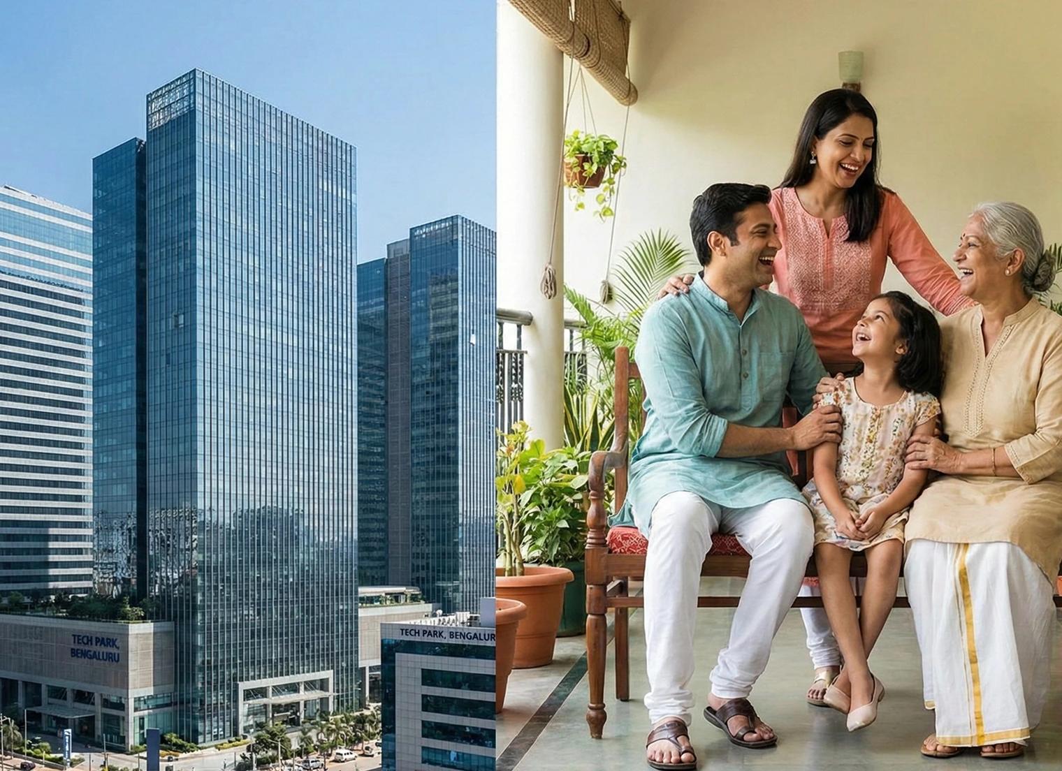 Family sitting together outdoors with a city skyline in the background, representing trusted protection