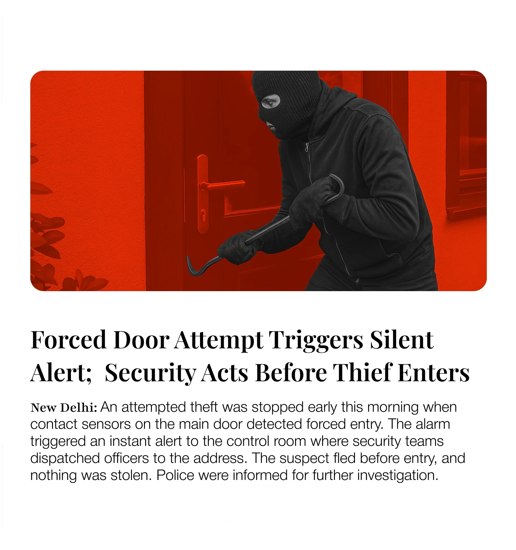  Illustrated news-style clipping of a masked individual prying a door just before a silent security alert is triggered.