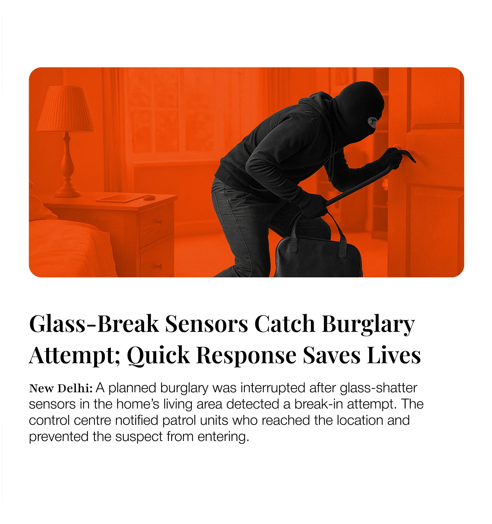  Newspaper-style illustration of a burglar attempting forced entry as glass-break sensors detect the breach.