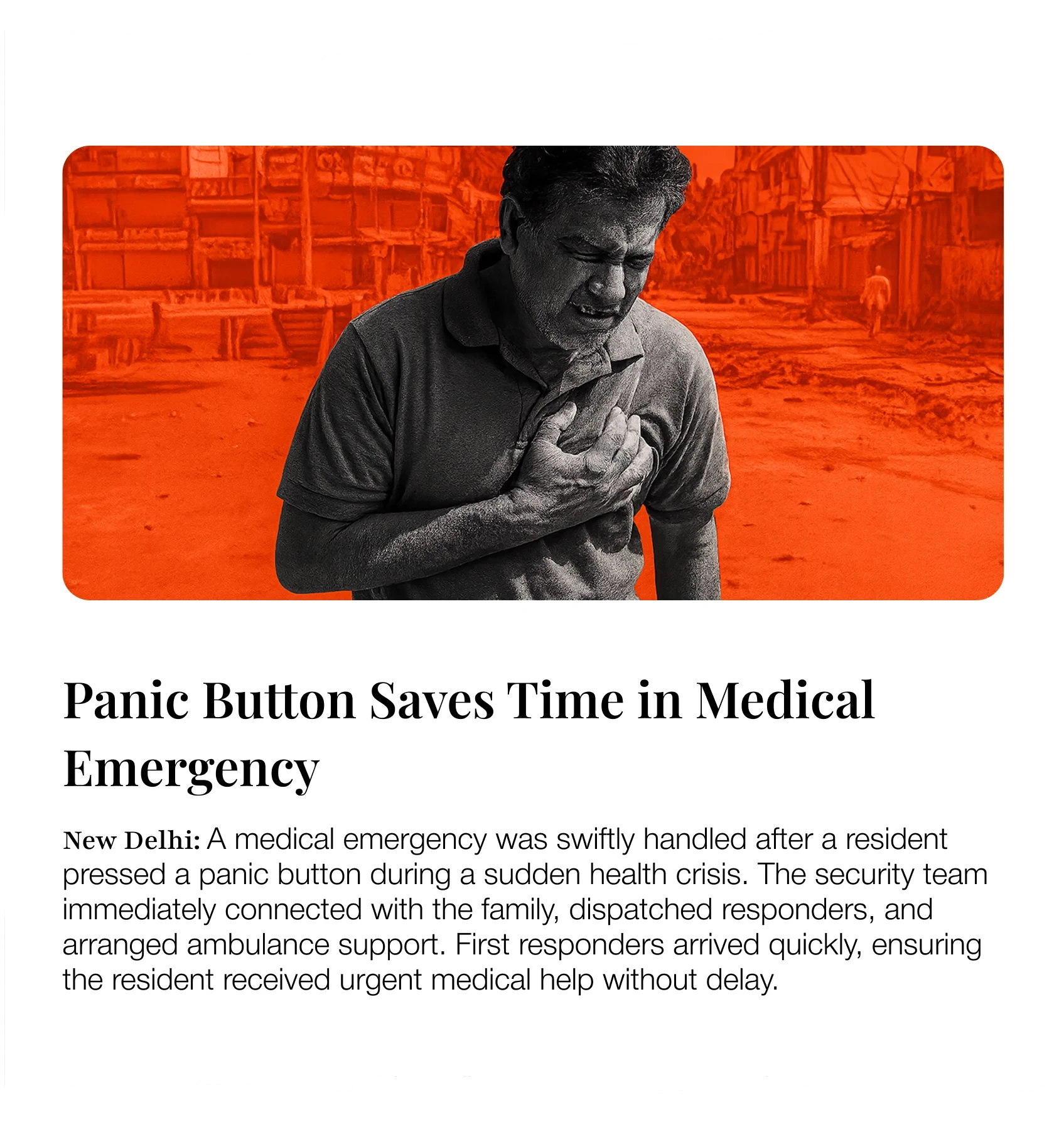  Illustrated incident card showing an older man clutching his chest during a medical emergency after pressing a panic button.