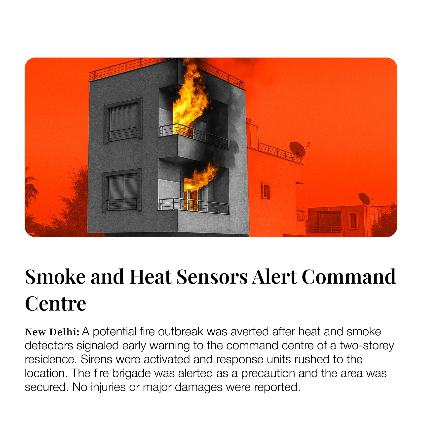 News-style illustration of a residential building on fire as smoke and heat sensors trigger an early alarm.